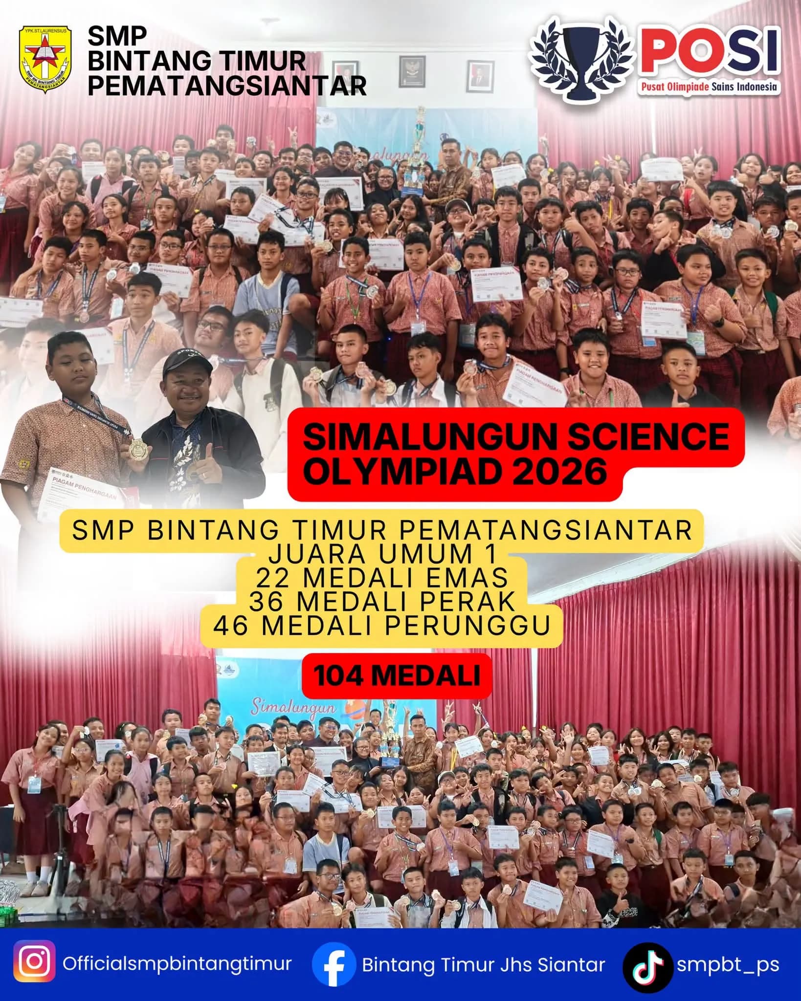 104 Medali! SMP Bintang Timur Pematangsiantar Raih Juara Umum 1 Simalungun Science Olympiad 2026