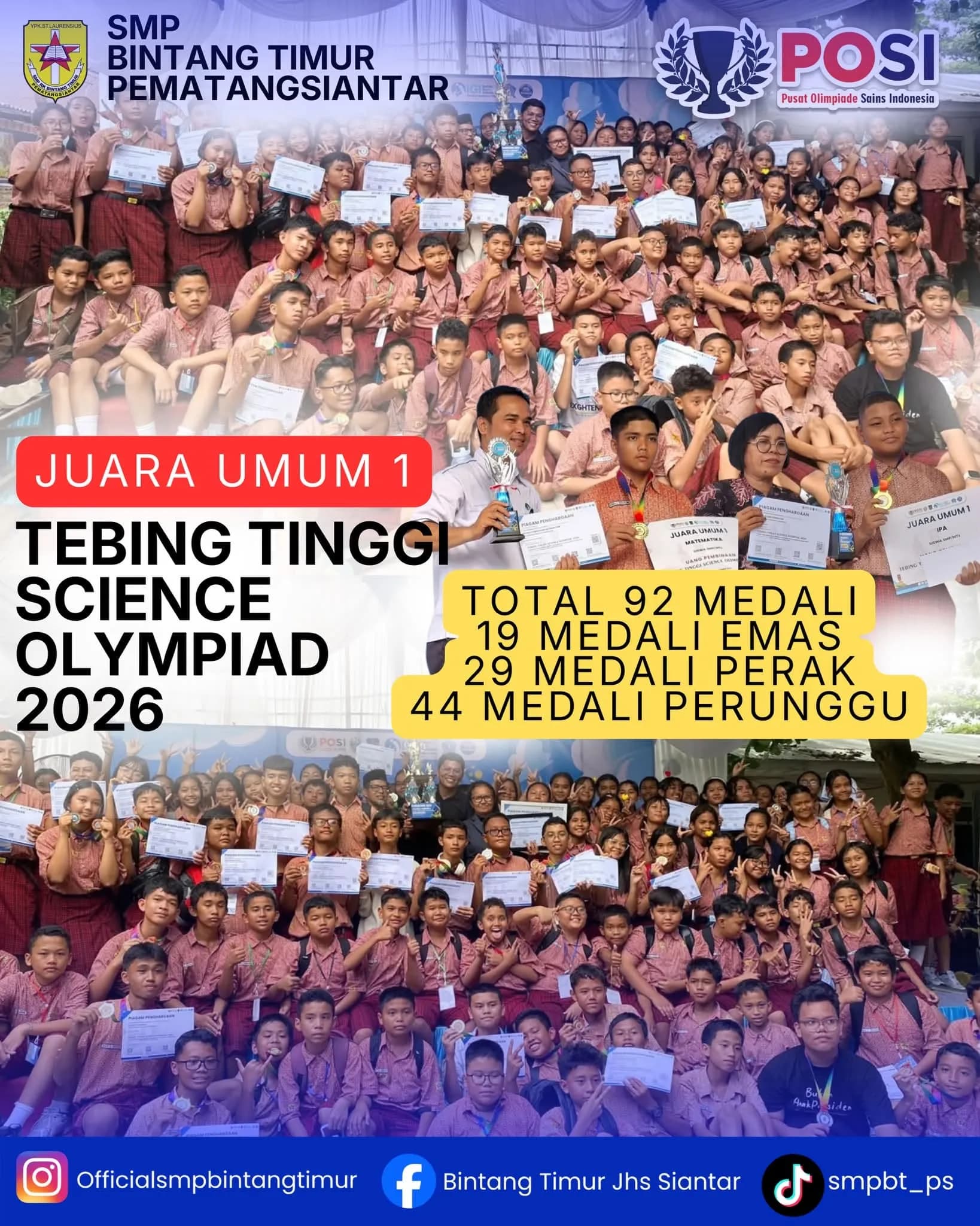 92 Medali Antar SMP Bintang Timur Pematangsiantar Raih Juara Umum 1 Tebing Tinggi SO 2026