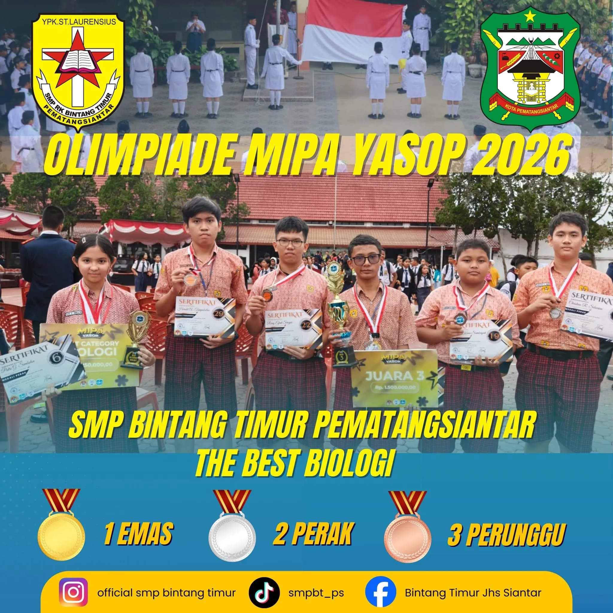 SMP RK Bintang Timur Pematangsiantar Raih 6 Medali dan Penghargaan The Best Biologi pada MIPA YASOP 2026