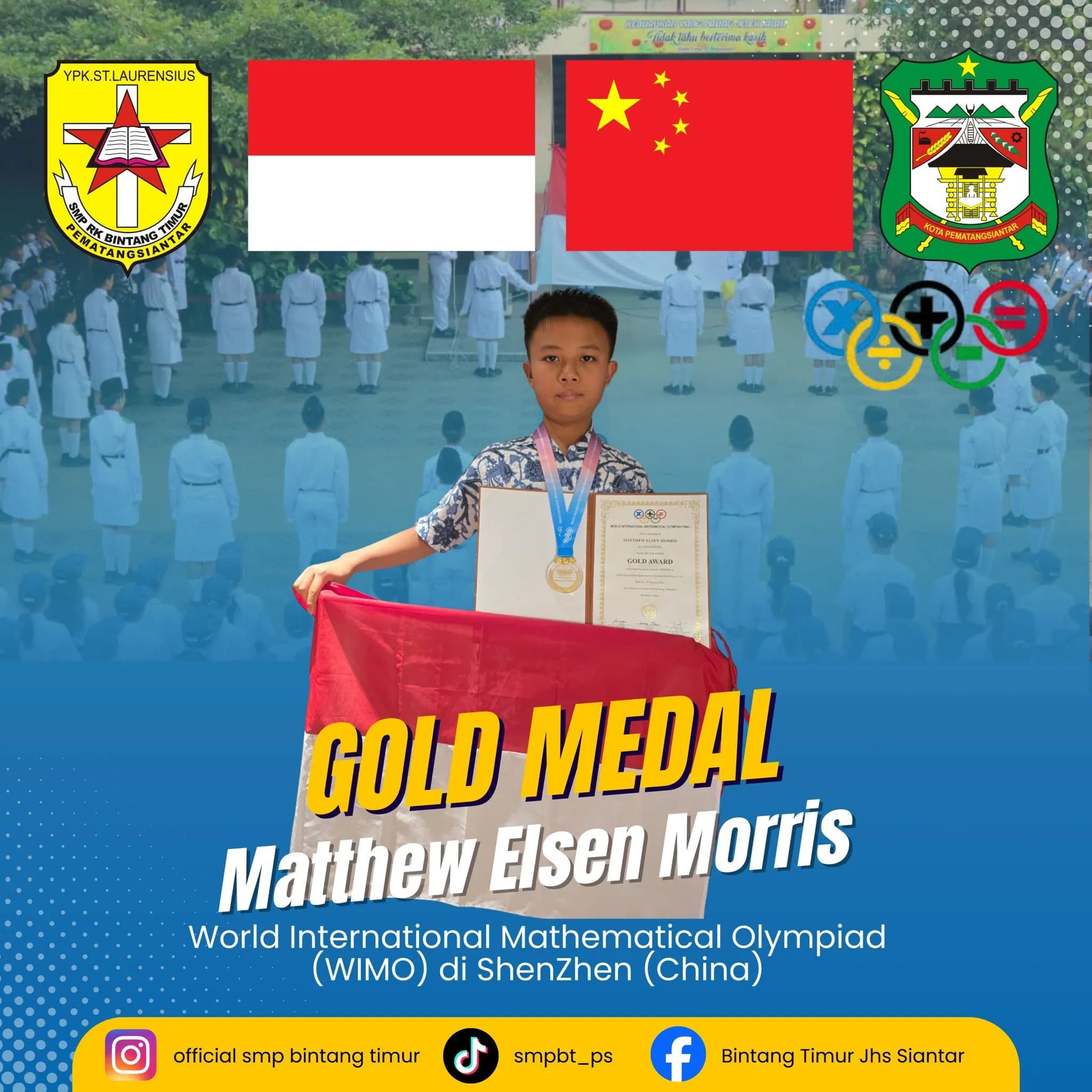 Murid SMP RK Bintang Timur Pematangsiantar Raih Medali Emas pada World International Mathematical Olympiad (WIMO) 2026 di Tiongkok